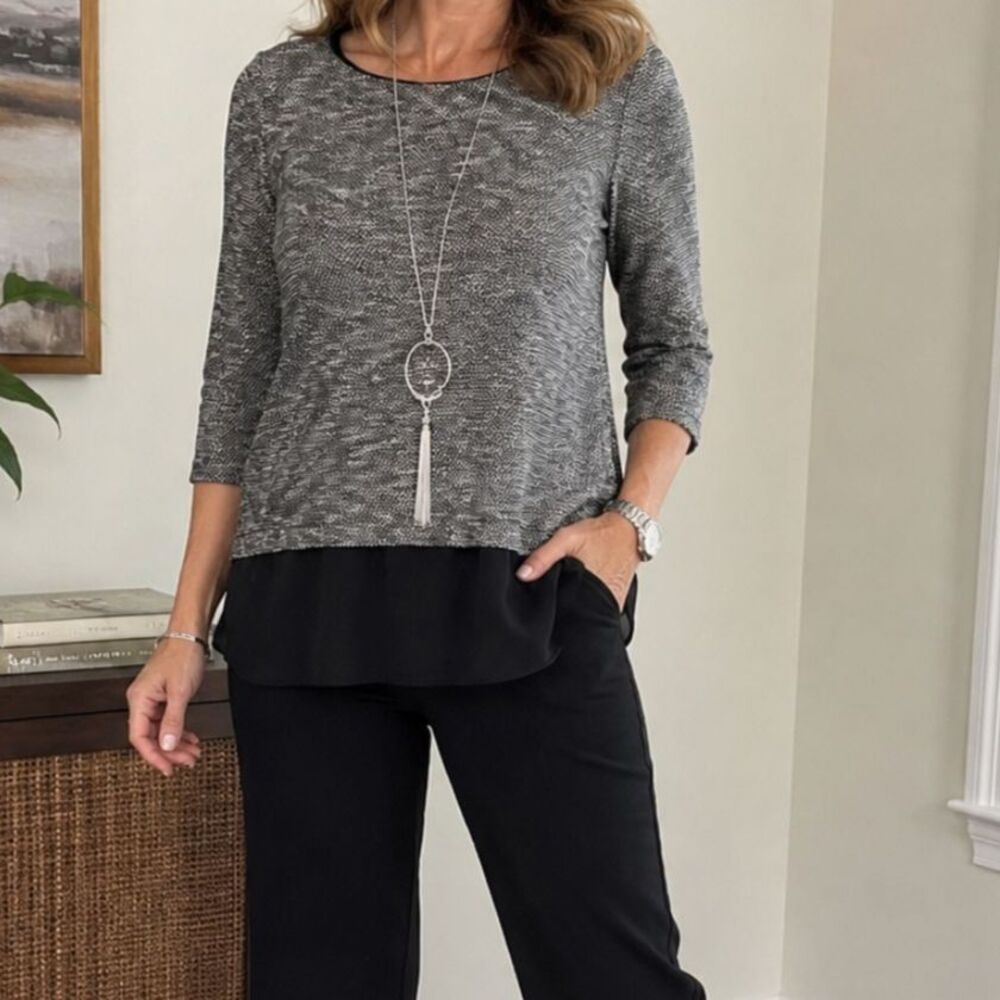 White House Black Market XL Gray Layered Knit Top Minimalist Business Casual